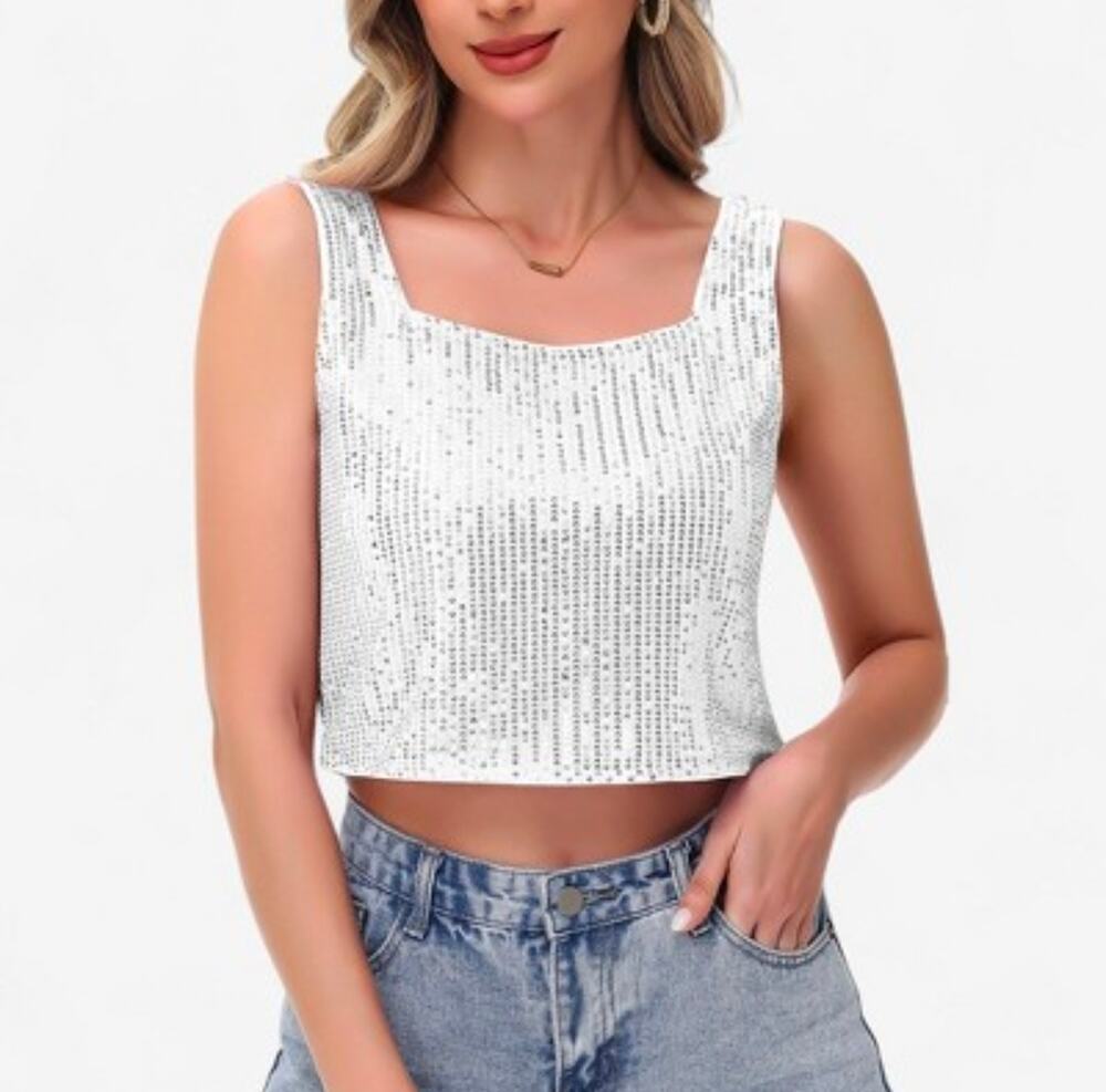 Anna-Kaci Silver Sequin Square Neck Crop Top Small